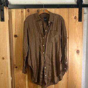 GAP Brown Button-Up 100% Linen Oversized Shirt (Could be worn as Dress)